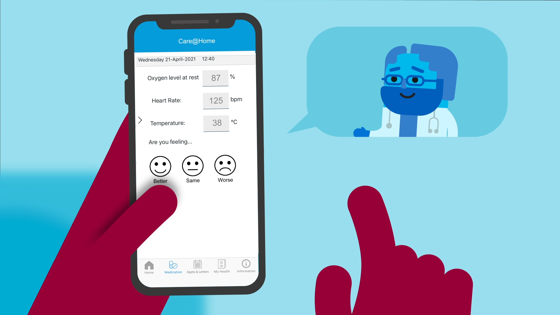 Still from animation promoting the Connected Care App in Frimley - depicting an app screen asking for feedback