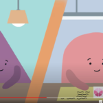 Animated blob-like colourful characters appear to be in telephone conversations as depicted on a split screen