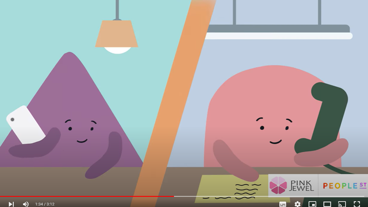 Animated blob-like colourful characters appear to be in telephone conversations as depicted on a split screen
